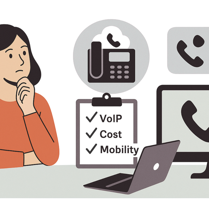 Modern IP phone system in use at a small business office desk