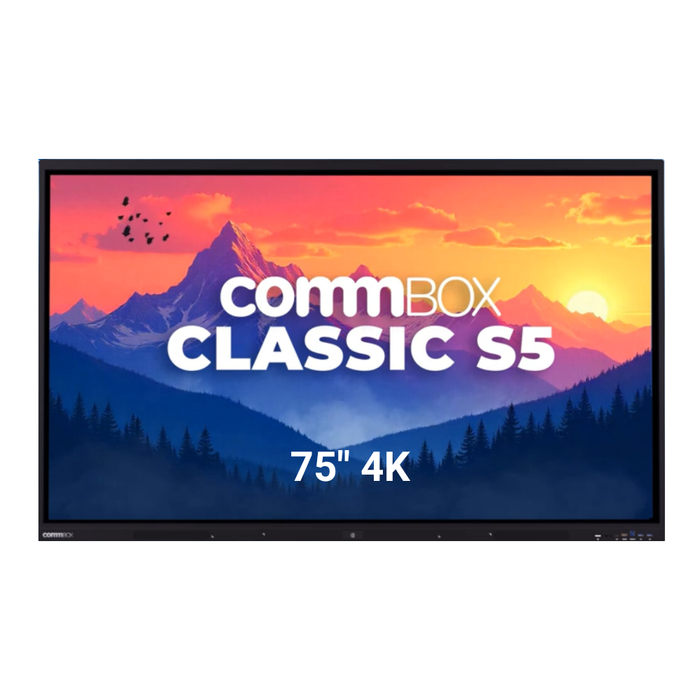75" CommBox Classic S5 interactive display with 4K touchscreen, multi-touch capability, and seamless device connectivity for classrooms and meeting rooms in Cairns and Towsville.